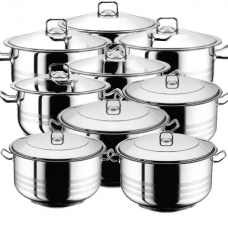 Set vase gatit inductie HASCEVHER GASTRO, 18 piese inox, 9 oale 3l+4l+6l+8l+10,5l+13l+16,5l+20l+23,5l cu capace si fund triplu stratificat
