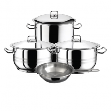 Set vase gatit inductie HASCEVHER GASTRO, 2 oale 3l si 6l cu capace, oala adanca 8,5l cu capac, tigaie 20x4cm, 7 piese inox, fund triplu stratificat