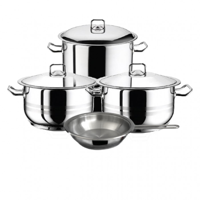 Set vase gatit inductie HASCEVHER GASTRO, 2 oale 3l si 6l cu capace, oala adanca 8,5l cu capac, tigaie 20x4cm, 7 piese inox, fund triplu stratificat