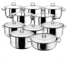 Set vase gatit inductie HASCEVHER GASTRO, 20 piese inox, 9 oale 3l+4l+6l+8l+10,5l+13l+16,5l+20l+23,5l si cratita 8,5l cu capace, fund triplu stratificat
