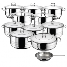 Set vase gatit inductie HASCEVHER GASTRO, 21 piese inox, 9 oale 3l+4l+6l+8l+10,5l+13l+16,5l+20l+23,5l cu capace, cratita 8,5l cu capac, tigaie 20x4cm, fund triplu stratificat