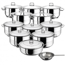 Set vase gatit inductie HASCEVHER GASTRO, 23 piese inox, 10 oale 3l+4l+6l+8l+10,5l+13l+16,5l+20l+23,5l+26,5l cu capace, cratita 8,5l cu capac, tigaie 20x4cm, fund triplu stratificat