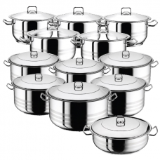 Set vase gatit inductie HASCEVHER GASTRO, 24 piese inox, 11 oale 3l+4l+6l+8l+10,5l+13l+16,5l+20l+23,5l+26,5l+30l si cratita 8,5l cu capace, fund triplu stratificat