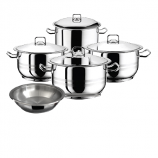 Set vase gatit inductie HASCEVHER GASTRO, 4 oale 3l+4l+6l+8,5l cu capace si 1 tigaie 20x4cm, 9 piese inox, fund triplu stratificat