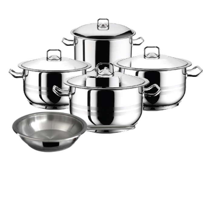 Set vase gatit inductie HASCEVHER GASTRO, 4 oale 3l+4l+6l+8,5l cu capace si 1 tigaie 20x4cm, 9 piese inox, fund triplu stratificat