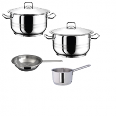 Set vase gatit inductie HASCEVHER GASTRO, 6 piese inox, 2 oale 3l+6l cu capace, tigaie 20x4cm, cratita cu coada 16cm 2l, fund triplu stratificat