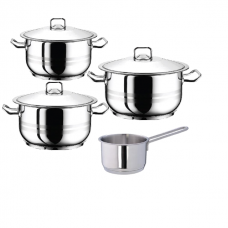 Set vase gatit inductie HASCEVHER GASTRO, 7 piese inox, 3 oale 3l+4l+6l cu capace si 1 cratita cu coada 16cm 2l, fund triplu stratificat