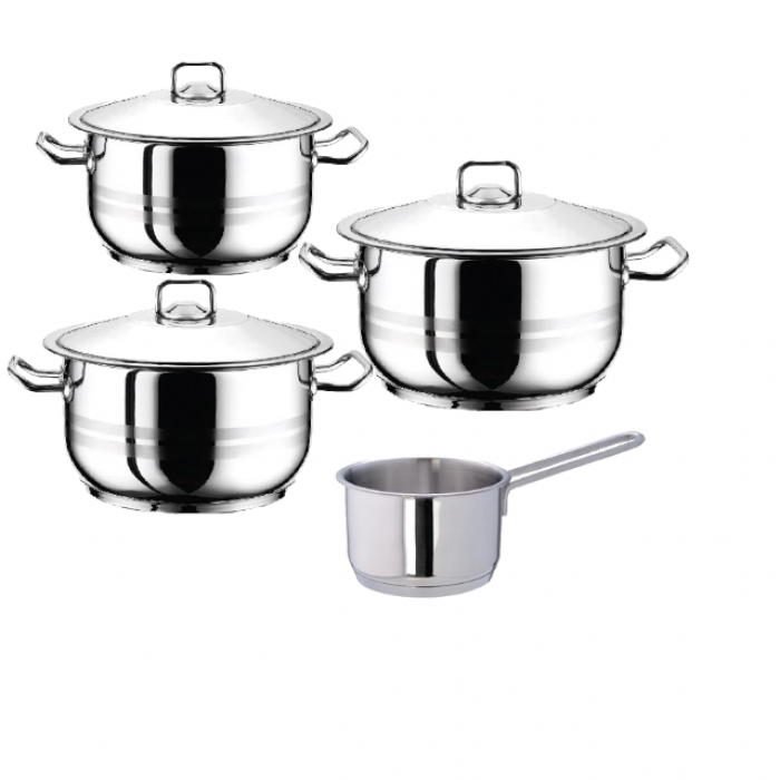 Set vase gatit inductie HASCEVHER GASTRO, 7 piese inox, 3 oale 3l+4l+6l cu capace si 1 cratita cu coada 16cm 2l, fund triplu stratificat