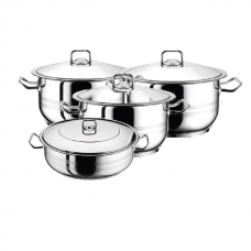 Set vase gatit inductie HASCEVHER GASTRO, 8 piese inox, 3 oale 3l+6l+10,5l si cratita 8,5l cu capace, fund triplu stratificat