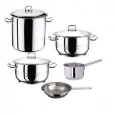 Set vase gatit inductie HASCEVHER GASTRO, 8 piese inox, 3 oale 3l+6l+8,5l cu capace, tigaie 20x4cm, cratita cu coada 16cm 2l, fund triplu stratificat