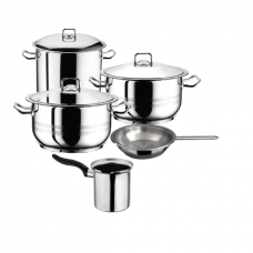 Set vase gatit inductie HASCEVHER GASTRO, 8 piese inox, 3 oale 3l+6l+8,5l cu capace, tigaie 20x4cm, ibric 500ml