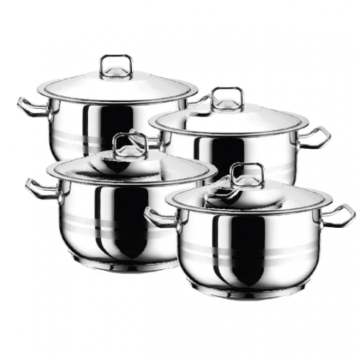 Set vase gatit inductie HASCEVHER GASTRO, 8 piese inox, 4 oale 3l+4l+6l+8l cu capace si fund triplu stratificat