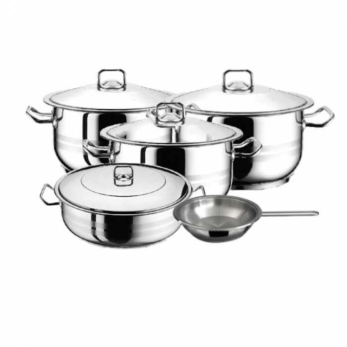 Set vase gatit inductie HASCEVHER GASTRO, 9 piese inox, 3 oale 3l+6l+10,5l cu capace, cratita 8,5l cu capac, tigaie 20x4cm, fund triplu stratificat