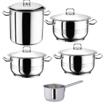 Set vase gatit inductie HASCEVHER GASTRO, 9 piese inox, 4 oale 3l+4l+6l+8,5l cu capace si 1 cratita cu coada 16cm 2l, fund triplu stratificat