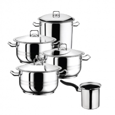 Set vase gatit inductie HASCEVHER GASTRO, 9 piese inox, 4 oale 3l+4l+6l+8,5l cu capace si fund triplu stratificat, ibric 500ml