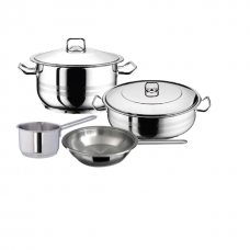 Set vase gatit inductie HASCEVHER GASTRO, oala 10,5l cu capac, cratita 8,5l cu capac, cratita cu coada 2l, tigaie 20x4cm, inox, fund triplu stratificat