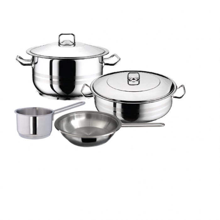 Set vase gatit inductie HASCEVHER GASTRO, oala 10,5l cu capac, cratita 8,5l cu capac, cratita cu coada 2l, tigaie 20x4cm, inox, fund triplu stratificat