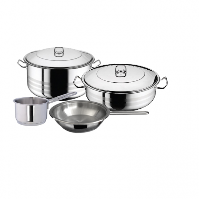 Set vase gatit inductie HASCEVHER GASTRO, oala 20l cu capac, cratita 8,5l cu capac, cratita cu coada 2l, tigaie 20x4cm, inox, fund triplu stratificat