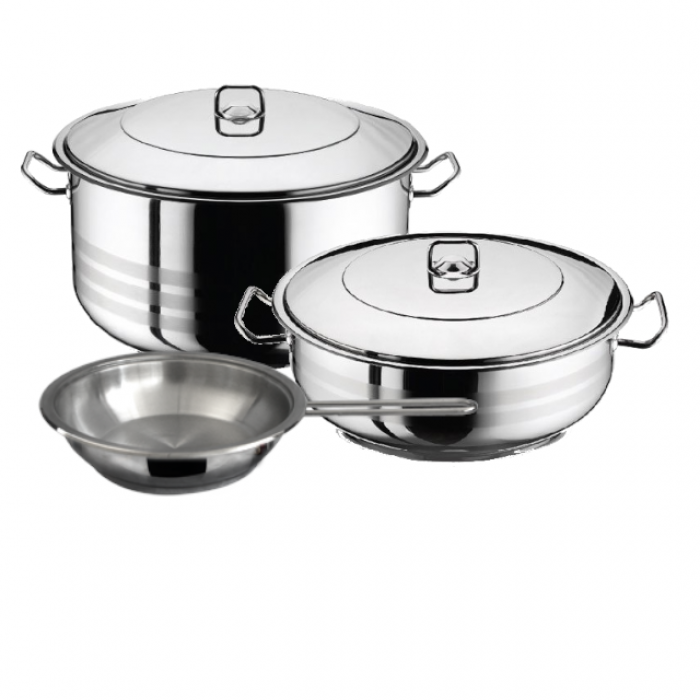 Set vase gatit inductie HASCEVHER GASTRO, oala 26,5l cu capac, cratita 8,5l cu capac, tigaie 20x4cm, inox, fund triplu stratificat