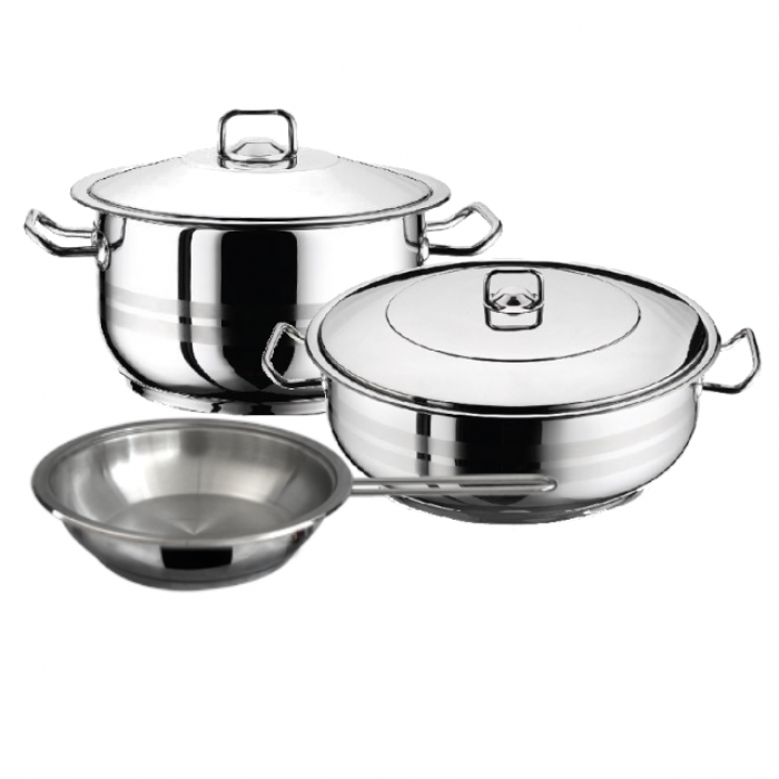 Set vase gatit inductie HASCEVHER GASTRO, oala 3l cu capac, cratita 8,5l cu capac, tigaie 20x4cm, inox, fund triplu stratificat