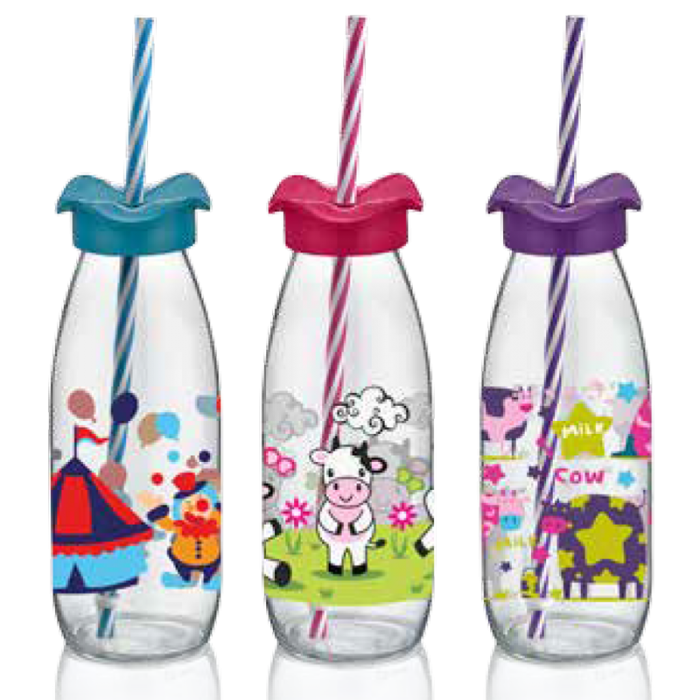 Sticla pentru copii cu pai si decor RAKI FIRFIR, 500ml, din sticla, diferite decoruri si culori