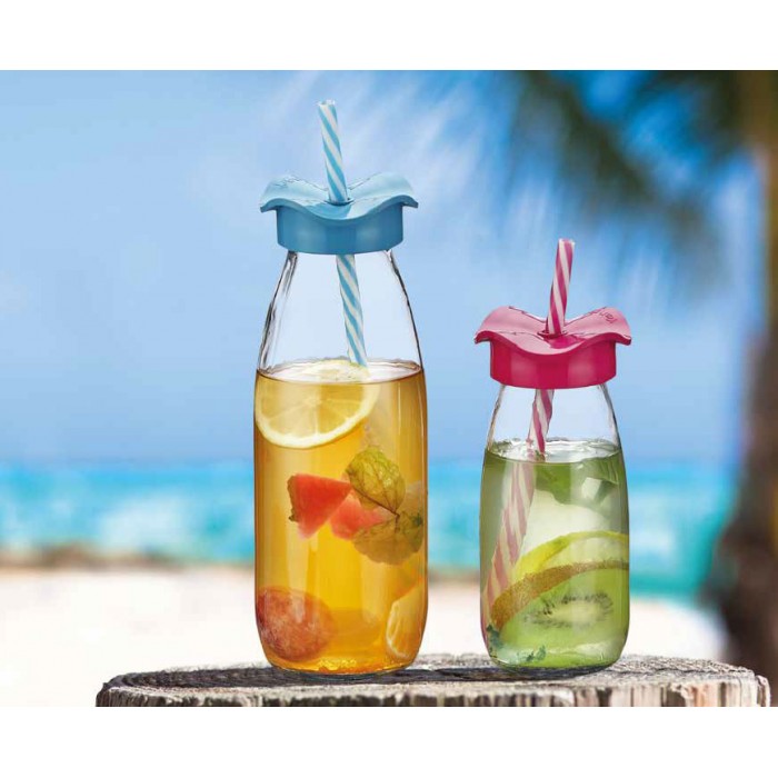 Sticla pentru copii cu pai si decor RAKI FIRFIR, 500ml, din sticla, diferite decoruri si culori