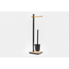 Suport metalic cu bambus pentru hartie igienica cu perie WC RAKI negru mat 21x18xh67cm