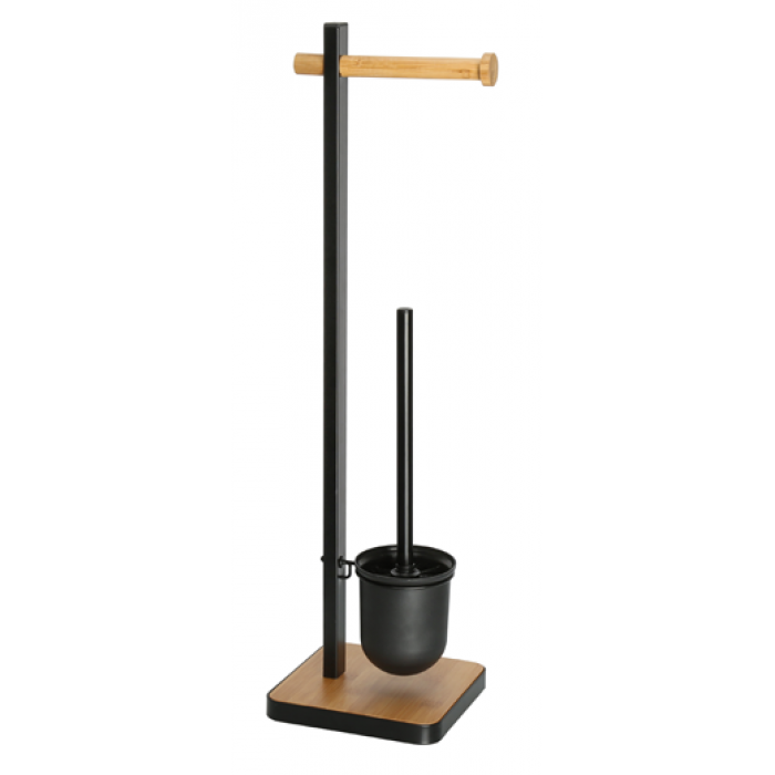 Suport metalic cu bambus pentru hartie igienica cu perie WC RAKI negru mat 21x18xh67cm