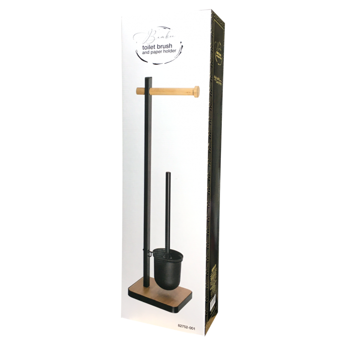 Suport metalic cu bambus pentru hartie igienica cu perie WC RAKI negru mat 21x18xh67cm