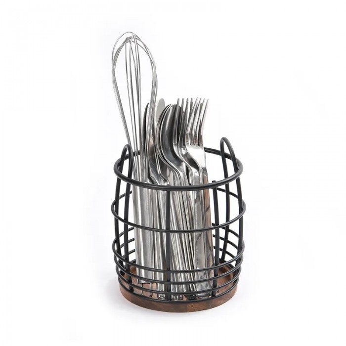 Suport tacamuri si ustensile CULINARO HOME, metal/lemn, D13,4xh15,5cm, negru mat
