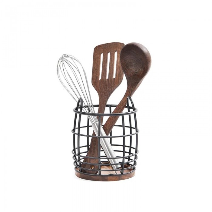 Suport tacamuri si ustensile CULINARO HOME, metal/lemn, D13,4xh15,5cm, negru mat