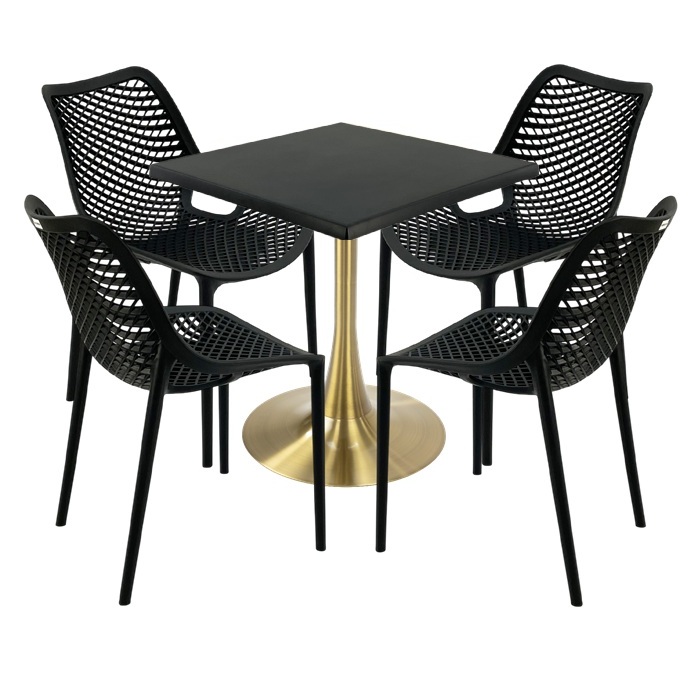 Masa 70x70x74cm Raki MAPLE blat werzalit, 4 scaune London Air negru suprapozabile , picior cu baza rotunda,auriu