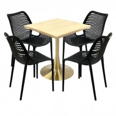 Masa 70x70x74cm Raki MAPLE blat werzalit, 4 scaune London Air negru suprapozabile , picior cu baza rotunda,auriu