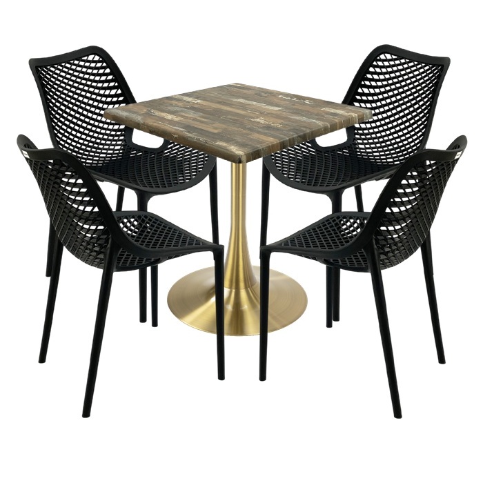 Masa 70x70x74cm Raki MAPLE blat werzalit, 4 scaune London Air negru suprapozabile , picior cu baza rotunda,auriu