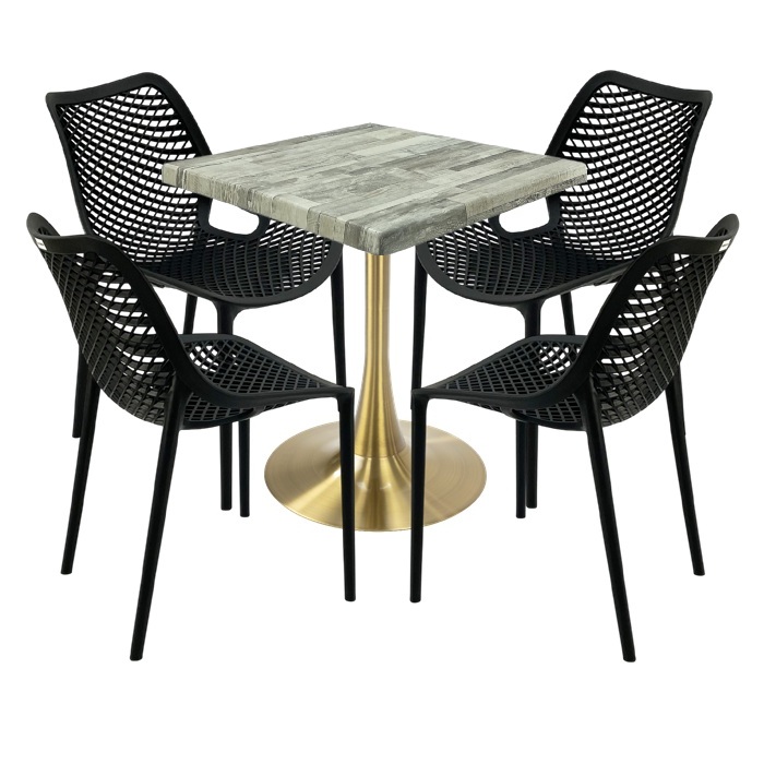 Masa 70x70x74cm Raki MAPLE blat werzalit, 4 scaune London Air negru suprapozabile , picior cu baza rotunda,auriu