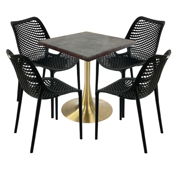 Masa 70x70x74cm Raki MAPLE blat werzalit, 4 scaune London Air negru suprapozabile , picior cu baza rotunda,auriu