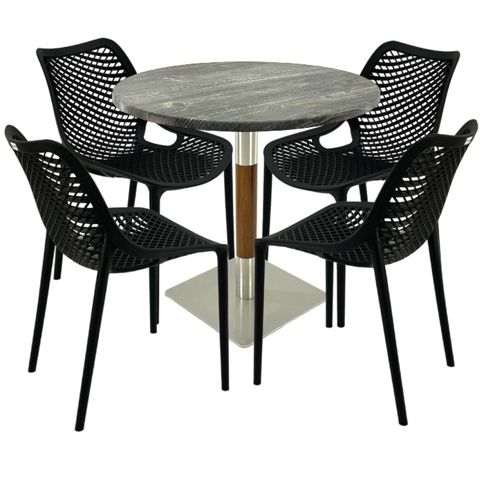 Masa cu 4 scaune London Air negru suprapozabile, masa rotunda 80x74cm Raki MAPLE blat werzalit si picior crom aspect lemn, argintiu