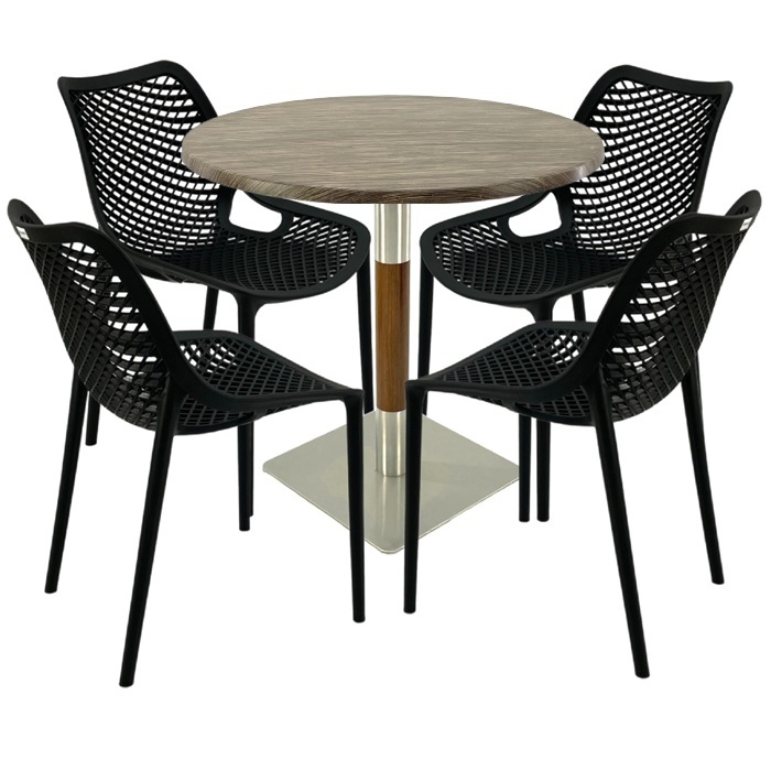 Masa cu 4 scaune London Air negru suprapozabile, masa rotunda 80x74cm Raki MAPLE blat werzalit si picior crom aspect lemn, argintiu