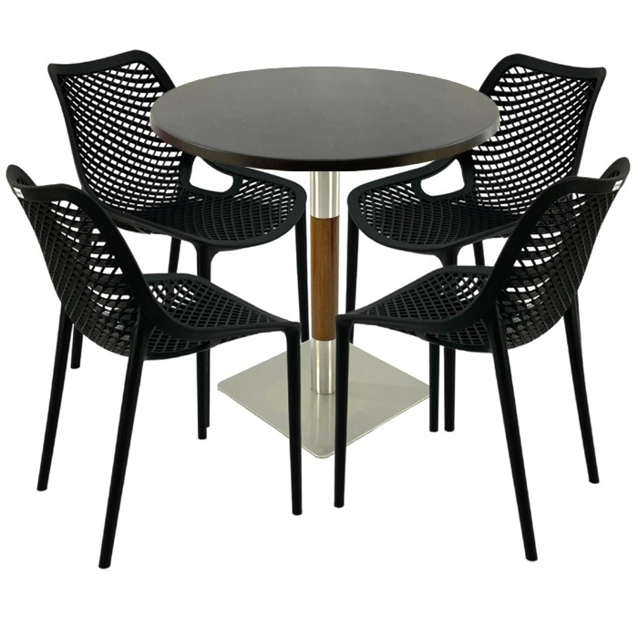 Masa cu 4 scaune London Air negru suprapozabile, masa rotunda 80x74cm Raki MAPLE blat werzalit si picior crom aspect lemn, argintiu