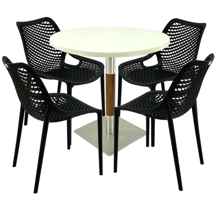 Masa cu 4 scaune London Air negru suprapozabile, masa rotunda 80x74cm Raki MAPLE blat werzalit si picior crom aspect lemn, argintiu