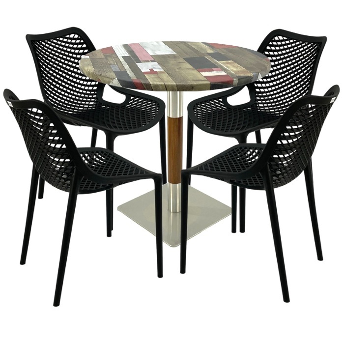 Masa cu 4 scaune London Air negru suprapozabile, masa rotunda 80x74cm Raki MAPLE blat werzalit si picior crom aspect lemn, argintiu