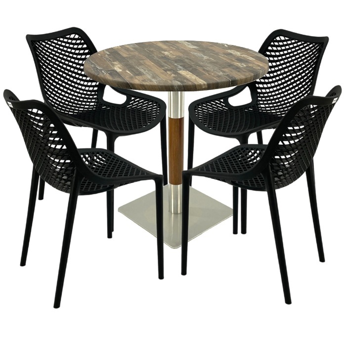 Masa cu 4 scaune London Air negru suprapozabile, masa rotunda 80x74cm Raki MAPLE blat werzalit si picior crom aspect lemn, argintiu
