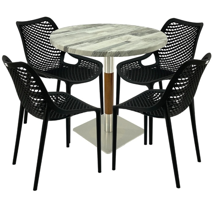Masa cu 4 scaune London Air negru suprapozabile, masa rotunda 80x74cm Raki MAPLE blat werzalit si picior crom aspect lemn, argintiu