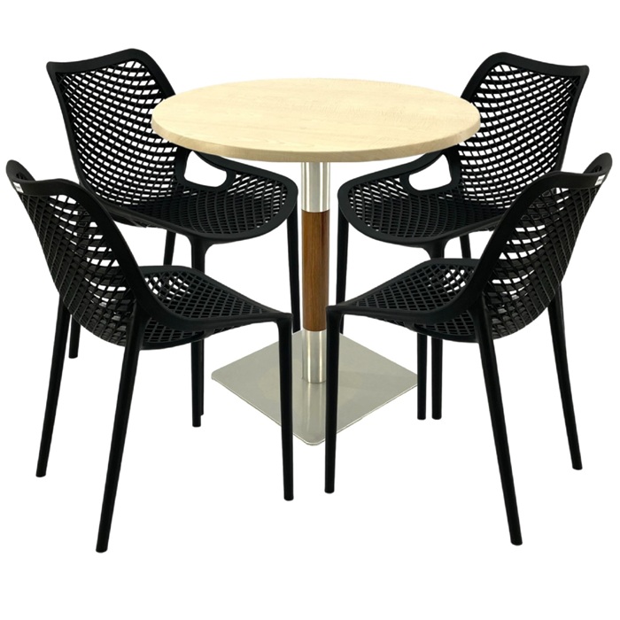 Masa cu 4 scaune London Air negru suprapozabile, masa rotunda 80x74cm Raki MAPLE blat werzalit si picior crom aspect lemn, argintiu