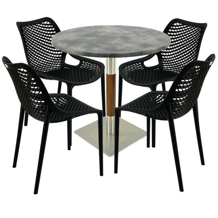 Masa cu 4 scaune London Air negru suprapozabile, masa rotunda 80x74cm Raki MAPLE blat werzalit si picior crom aspect lemn, argintiu