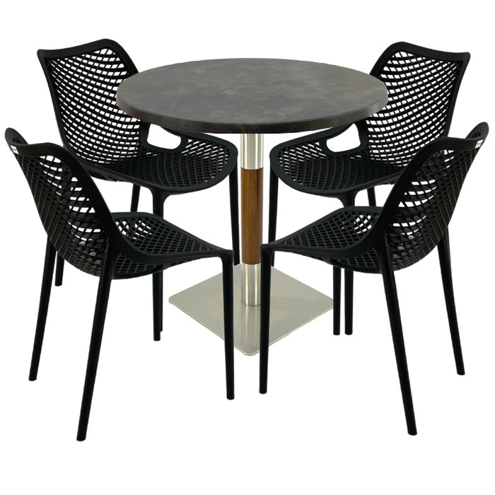 Masa cu 4 scaune London Air negru suprapozabile, masa rotunda 80x74cm Raki MAPLE blat werzalit si picior crom aspect lemn, argintiu