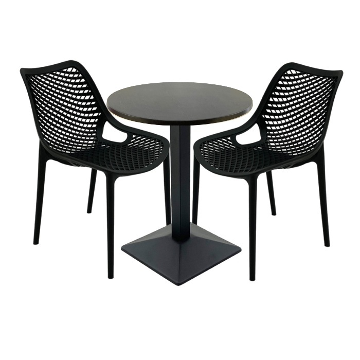 Masa Raki MAPLE 60x72cm , 2 scaune London Air negru suprapozabile  blat werzalit si baza metalica culoare negru