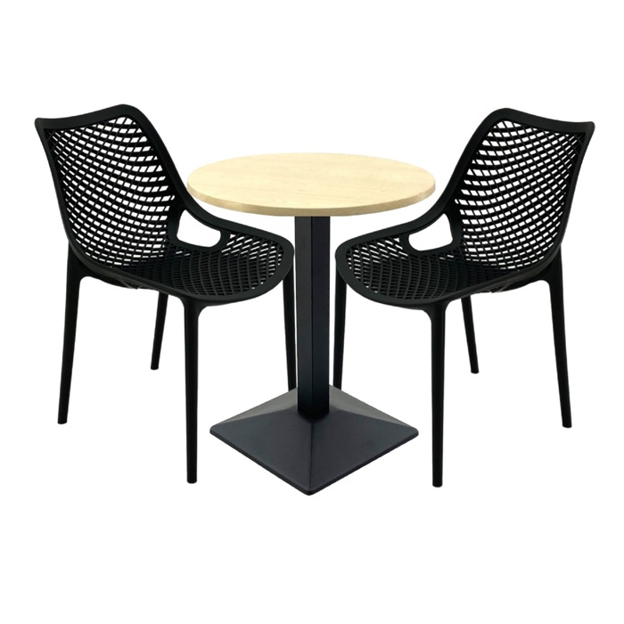 Masa Raki MAPLE 60x72cm , 2 scaune London Air negru suprapozabile  blat werzalit si baza metalica culoare negru