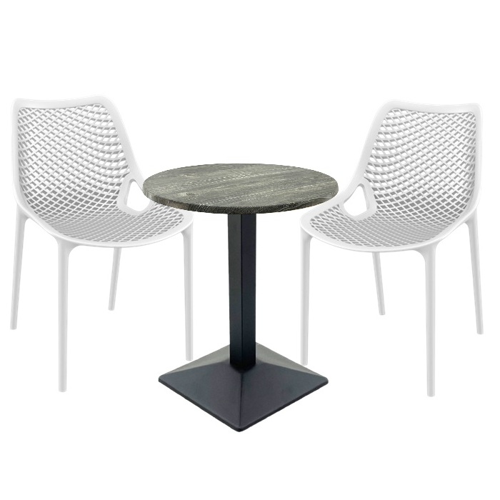 Masa Raki MAPLE 60x74cm cu baza metalica neagra si 2 scaune London Air albe , blat werzalit