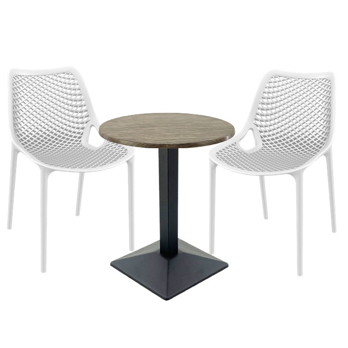 Masa Raki MAPLE 60x74cm cu baza metalica neagra si 2 scaune London Air albe , blat werzalit